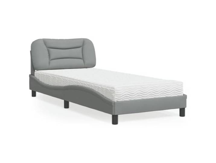 RJPLMFV Stoffbett mit Matratze, 90 x 200 cm, Hellgrau PU-Schaum 22D, Härtegrad H2/H3, Kopfteil, gewelltes Design, Schlafzimmer