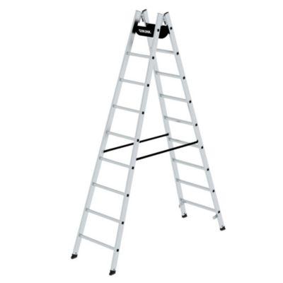 Munk Sprossen-Stehleiter, Aluminium, Rechteckrohr-Holme, geriffelte Sprossen, nivello® Leiterschuhe, max. 150 kg, Polyestergurt-Spreizsicherung, 2x9 Sprossen