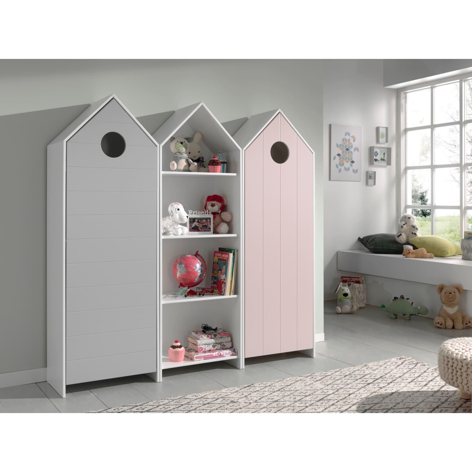 Vipack CASAMI Set 3-teilig - 1x Schrank 1-türig mit Front in Pink, 1x Regalschrank, 1x Schrank 1-türig mit Front in Grau