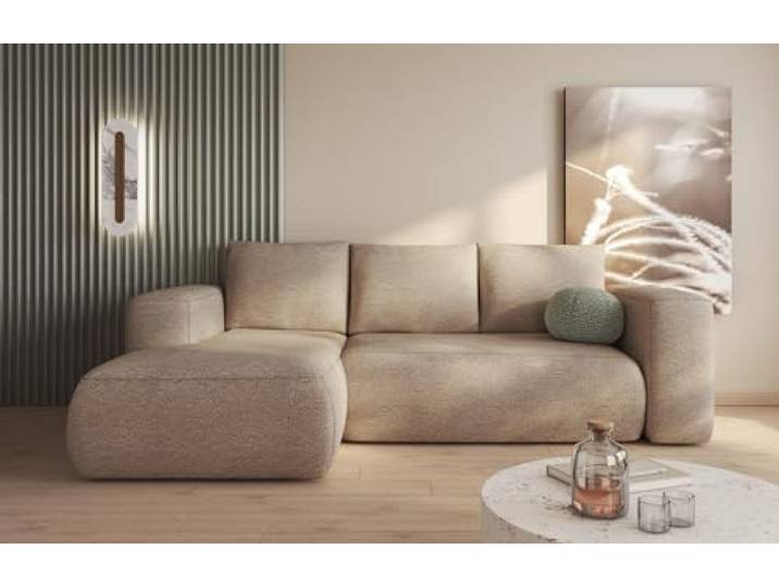 Easy4You Lambi Beige Ecksofa L-Form Links 266 x 89 x 164 cm mit Schlaffunktion und Stauraum - Schlafsofa mit Bettkasten - Moderne Wohnzimmermöbel – Stoff: Boucle 06