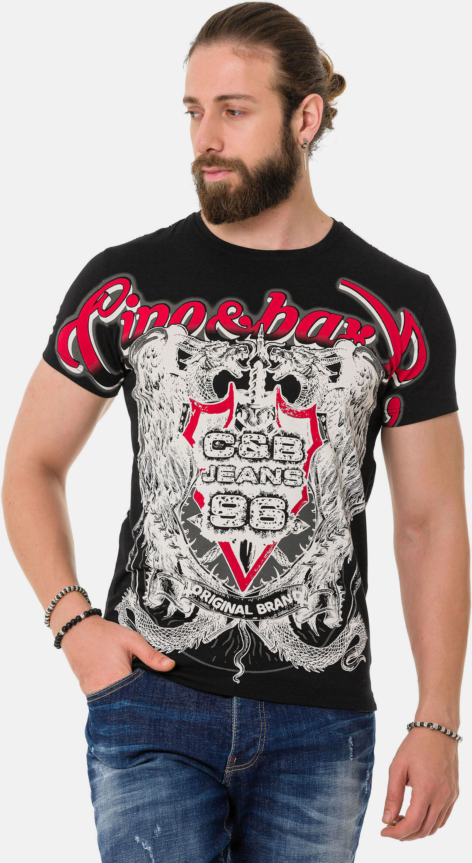 T-Shirt CIPO & BAXX "T-Shirt", Herren, Gr. L, schwarz, 95% Baumwolle, 5% Elasthan, bedruckt, regular fit, Rundhals, Shirts T-Shirt, mit Schattenmuster auf der Vorder-und Rückseite