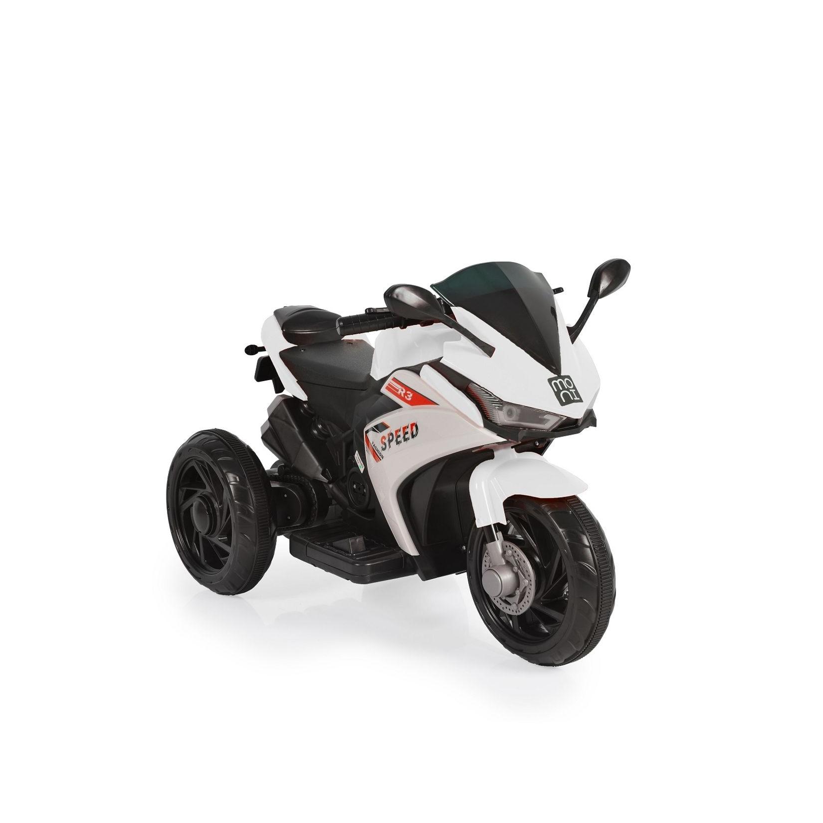 Moni Kinder Elektromotorrad Hurricane drei Räder, Musikfunktion, Rückwärtsgang weiß