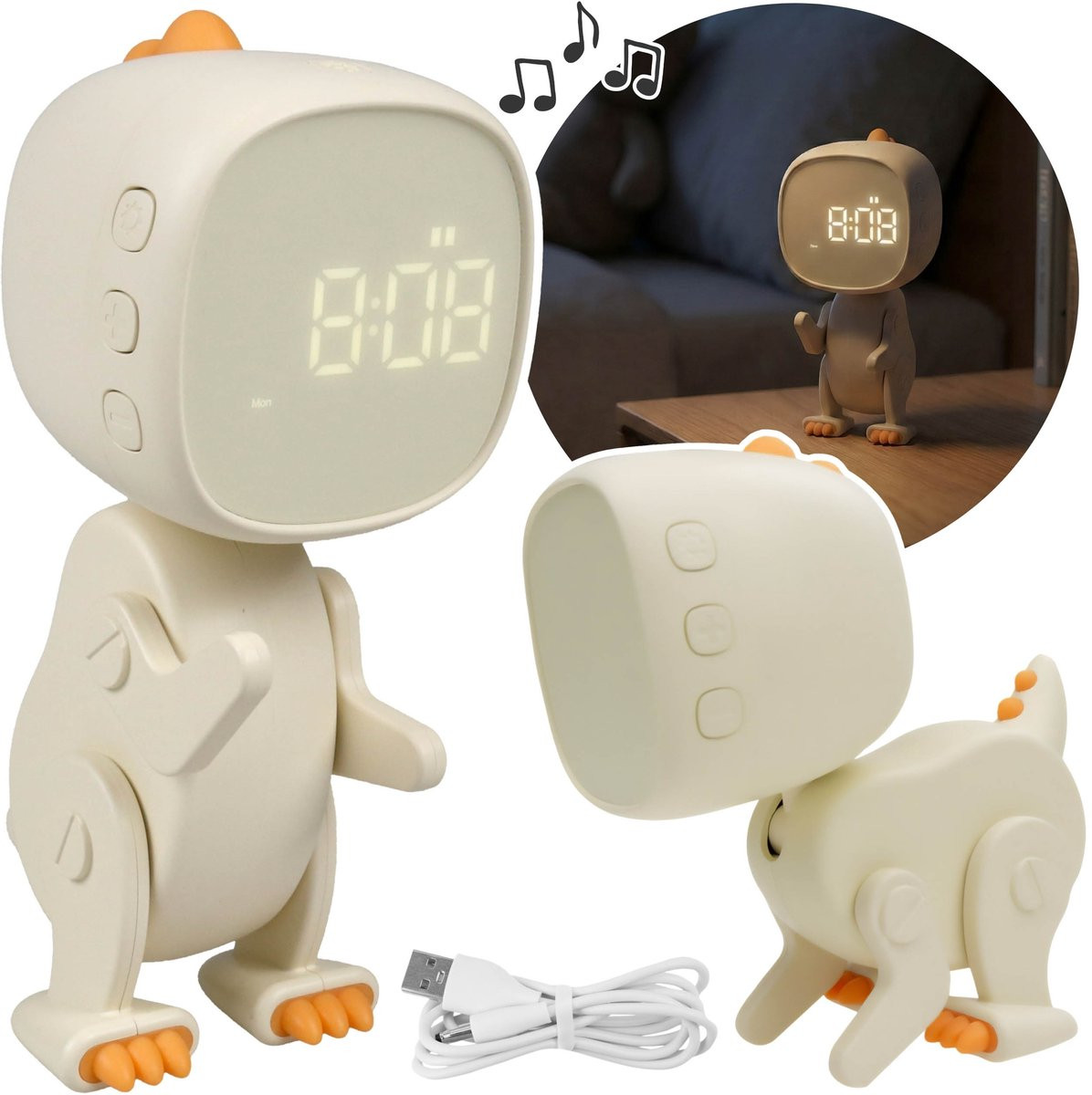 Mary Elektronische kinderwekker met display en USB, beige ROBO dinosaurus