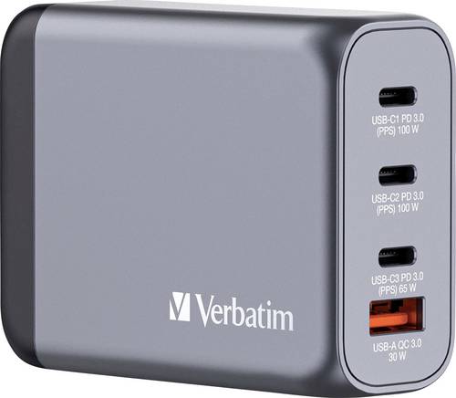 Verbatim GNC-100 Reiseladeadapter 100W 1x USB-A, 3x USB-C USB PD, USB PD 3.0, QC 3.0 Grau GaN, mit Europa-Adapter, mit