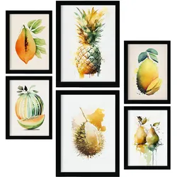 POSTER Set Mit 6 Tropische Früchte Plakate Von Obst, Gemüse Im Aquarell Kunst A3 & A4 Rahmenlos