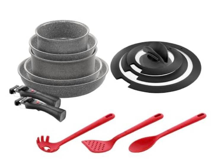 BALLARINI Torre Bratpfannen- und Stieltopf-Set + Küchenhelfer aus Silikon, 13 tlg, Keramikbeschichtung, Induktionsgeeignet, Abnehmbare Griffe, Deckel mit einklappbaren Griffen, Aluminium, Grau