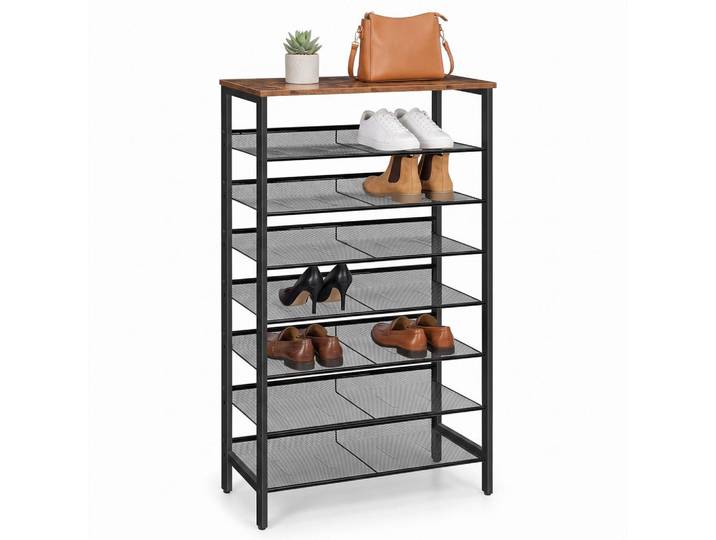 Relaxdays Schuhregal Vintagebraun Metall MDF 8 Ebenen 137 cm, Schwarz, Metall, Holzwerkstoff, 75x137x30 cm, Garderobe, Schuhaufbewahrung, Schuhregale