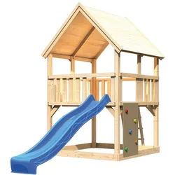 Akubi Kinderspielturm Luis mit Wellenrutsche blau und Kletterwand