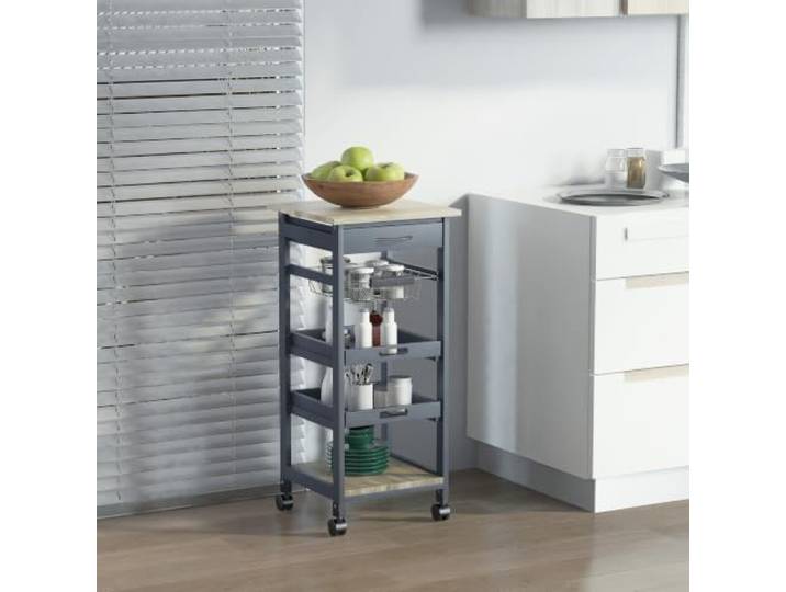 HOMCOM Chariot de Service Desserte de Cuisine à roulettes Gris Chêne Clair Panier\, 2 Plateaux Amovibles\, Tiroir\, Étagère MDF
