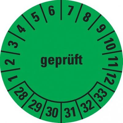 Dreifke® Prüfplakette geprüft 28-33, grün, Dokumentenfolie, selbstklebend, Ø30mm, 108 Stk.