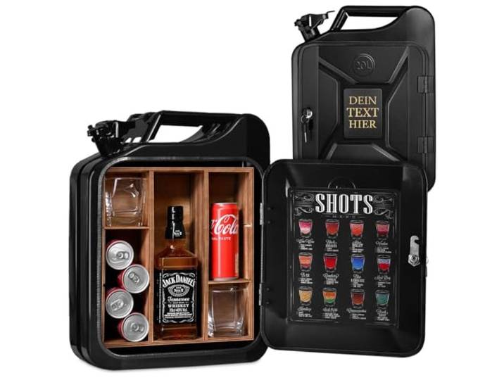 Maverton 20L Kanister Mini Bar mit Gravur, Jerrycan Metall Mobile Bar Geburtstagsgeschenk für Männer personalisierte Geschenke für Männer, Abschließbarer Minibar, Größe: 36x47x18cm