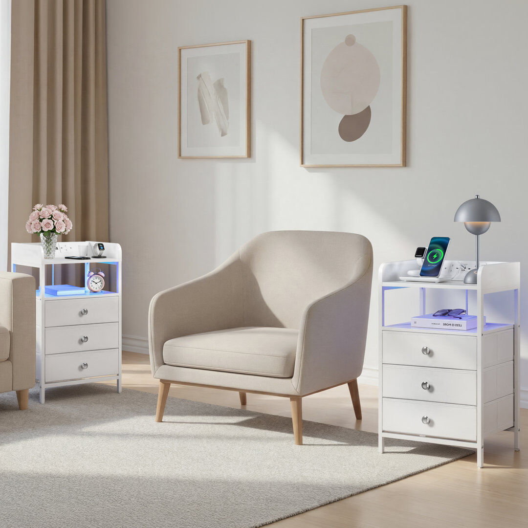 Rio Iron Frame Bedside Table Nightstand with Drawers White 67cm H X 40cm W X 30cm D