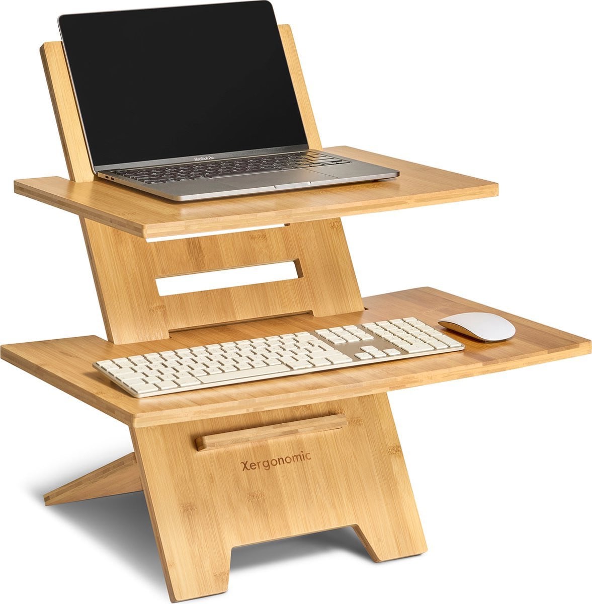 Xergonomic Ergonomisch Zit-sta Bureau met Laptopstandaard van Bamboe, Hoogteverstelbaar