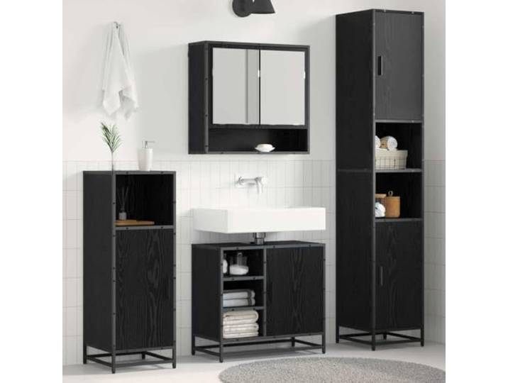 Badezimmermöbel-Set 3 Stk Schwarz Eichen-Optik Holzwerkstoff Wandmontage 3 Stk Set, Holzwerkstoff, Schwarz Eichen-Optik, Wandmontage, Regale und Schrank, Stangengriffe