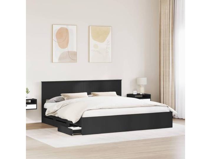 SKTQYQO Bettgestell, schwarz, 200 x 200 cm, aus technischem Holz Mit 6 versteckten Schubladen, festen Leisten, quadratischen Beinen, Unterstützung 200 kg