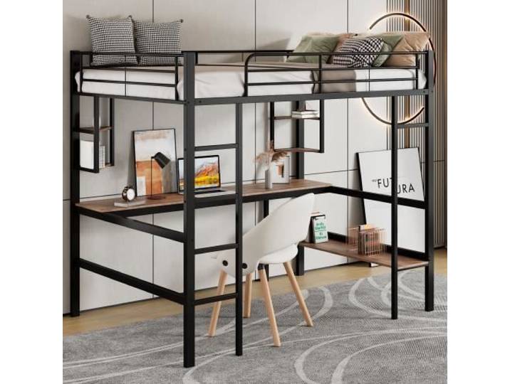 Lit mezzanine enfant 90x200 cm - Bureau intégré - 4 étagères - Bibliothèque grande