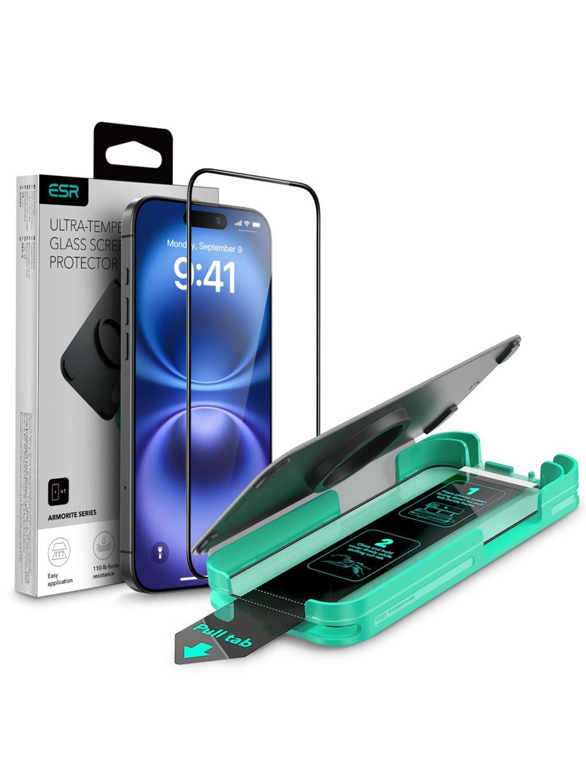 ESR Armorite Tempered Glass for iPhone 16 with Applicator - with Black Frame