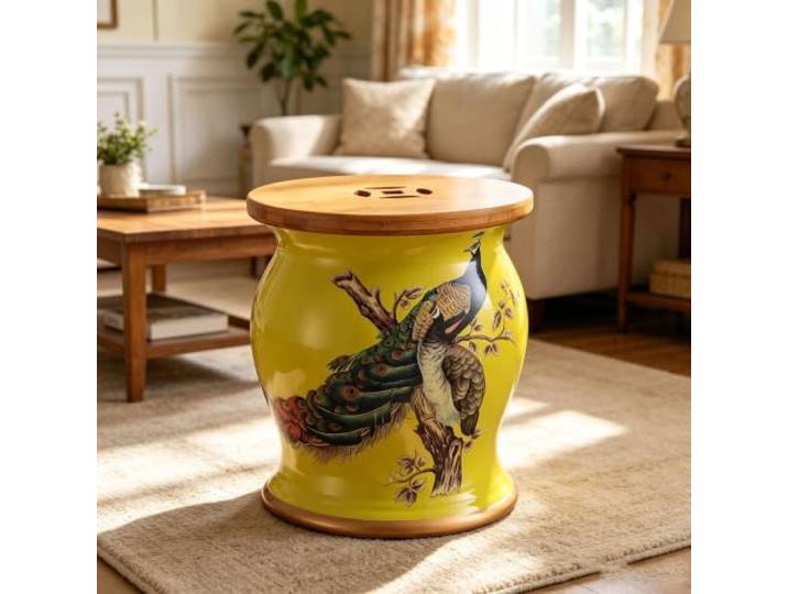 Chinoiserie Keramik Gartenhocker mit Stauraum,Dekorativer Trommelhocker Keramik Trommelhocker Chinoiserie mit Abdeckung,Mehrzweck Hocker, Beistelltisch für Wohnzimmer Foyer, Terrasse(21)