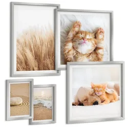 BILDER SET 5er Set - 50x50 cm & 20x30 cm & 40x60 cm Silberner Rahmen - Niedliche Tiere, Katzen, Hunde, Strand