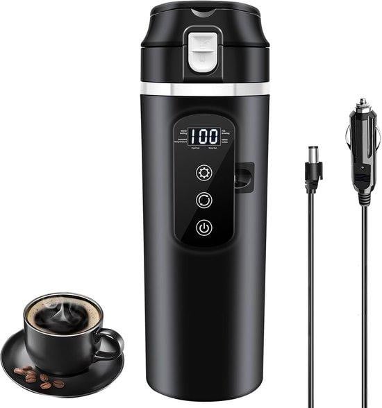 Draagbaar koffiezetapparaat en elektrische waterkoker voor in de auto, 500ml, roestvrij staal, zwart