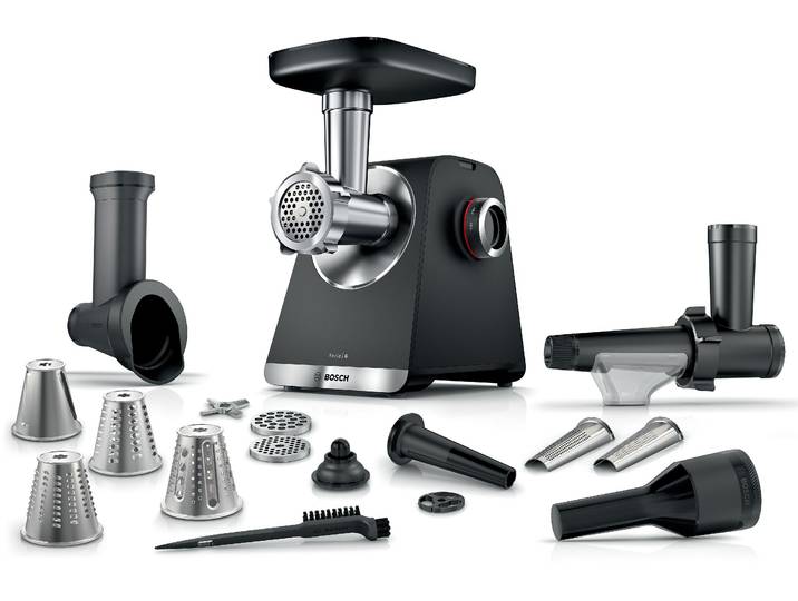 BOSCH Fleischwolf Serie 6 MFWS660B, 3,5kg/Min., Raspel, 2 Lochscheiben (3&8mm), schwarz , schwarz, B:20cm H:24,7cm T:24cm, Zerkleinerer, Fruchtpresse, 2 Stufen, 10 J Motorgarantie, Planetengetriebe, Fleischwolf