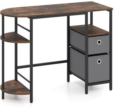 Costway Small Computer Desk with Half-moon Side Shelves and Folding Fabric Drawers-Rusticbrown