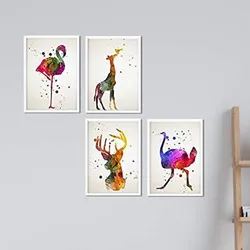 POSTER Set mit 4 Flamenco, Weste, Hirsch und Giraffe A4 Schwarzer Rahmen
