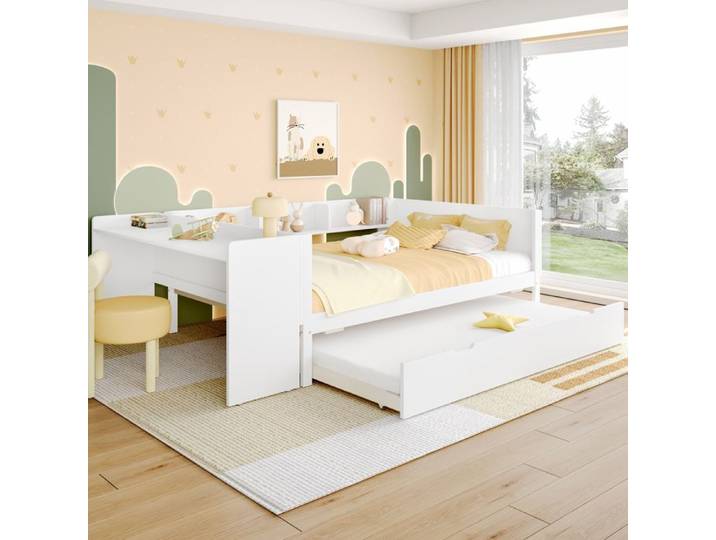 Lit double avec bureau intégré - Lit gigogne 90x190 cm - Dimensions 140x200 cm - Blanc - Pin massif
