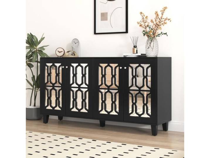 Buffet noir à miroir avec 4 portes avec stratifié mobile 160x40x84cm