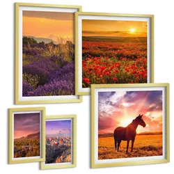 BILDER SET 5er Set - 50x50 cm & 20x30 cm & 40x60 cm Goldrahmen - Berglandschaft Rosslavendel