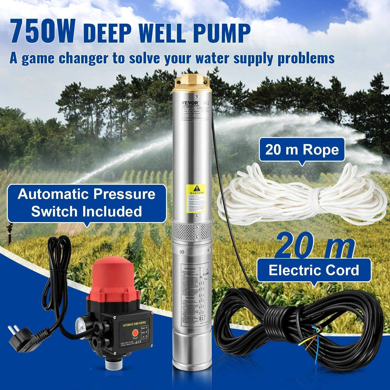 Selius Dompelpomp voor schoon water en diepe bronnen, 550W, 35L-min, Roestvrij staal