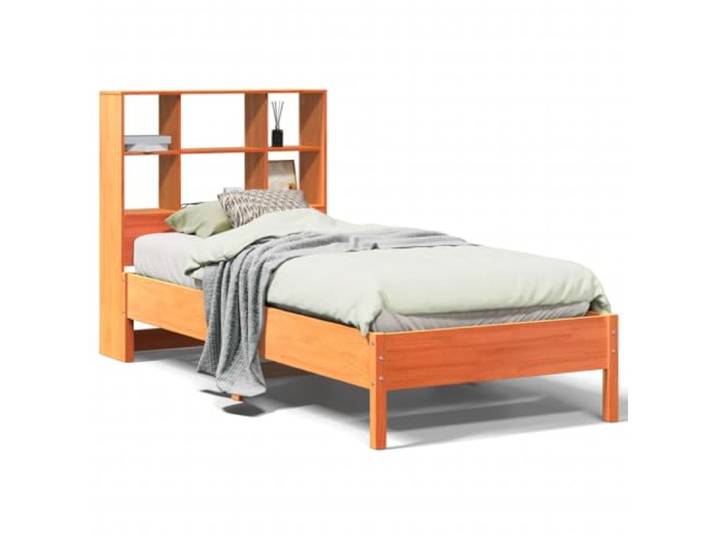 PUGYNBK Bett mit Regal aus Massivholz, Braun, 100 x 200 cm Kopfteil mit Regal, Lattenrost im Lieferumfang enthalten, ohne Matratze, platzsparend, ideal fürs Schlafzimmer