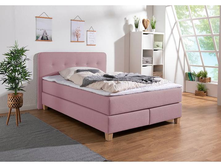 Boxspringbett, Strukturstoff, Lila, 153×207 cm, Inkl. Topper, Klassisch, Home Affaire