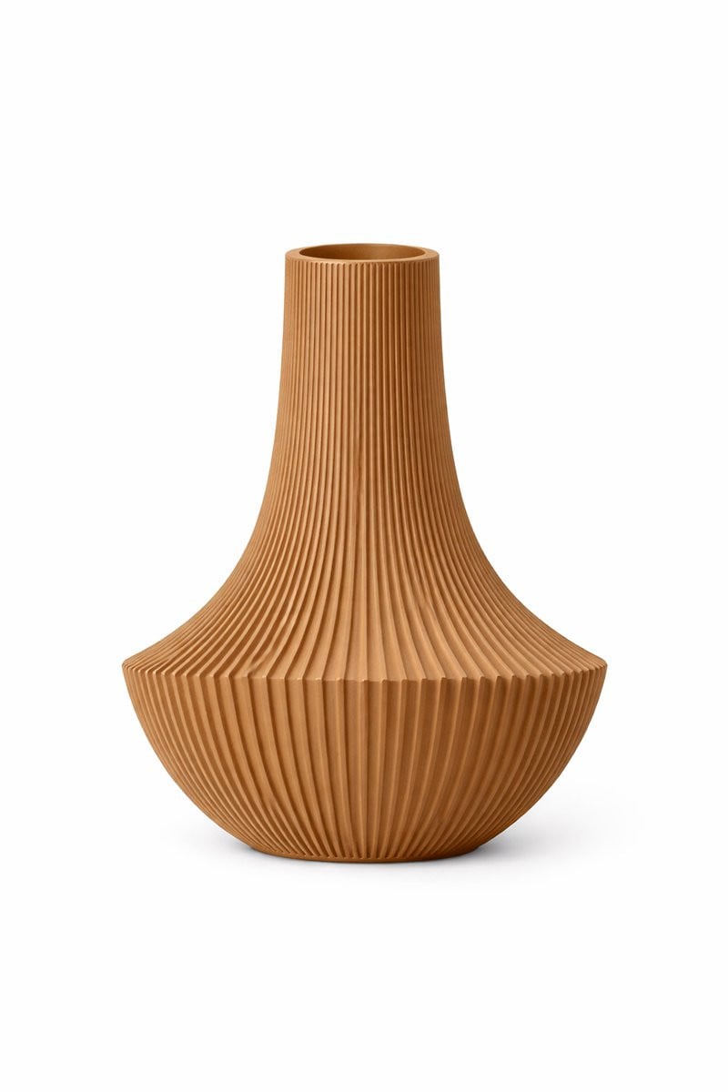 Karamel Vaas met Ribbelstructuur in Japandi Stijl – Hoogte: 20 cm