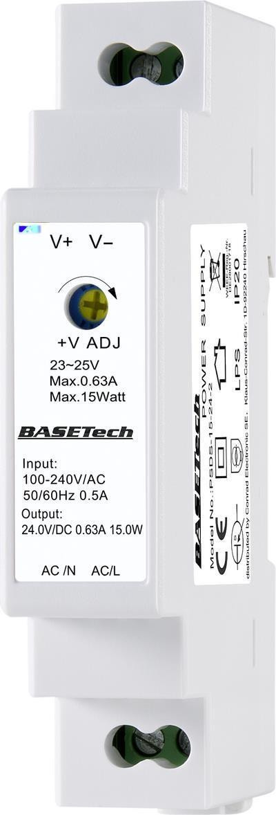 Basetech BT-2250248 Netvoeding voor montage op DIN-rail, 24 V, 0.63 A, 15 W
