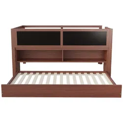 OKWISH Hochbett aus Holz Braun 204x96x85 cm mit Ausziehbett, Tafel, Stauraum und Leiter