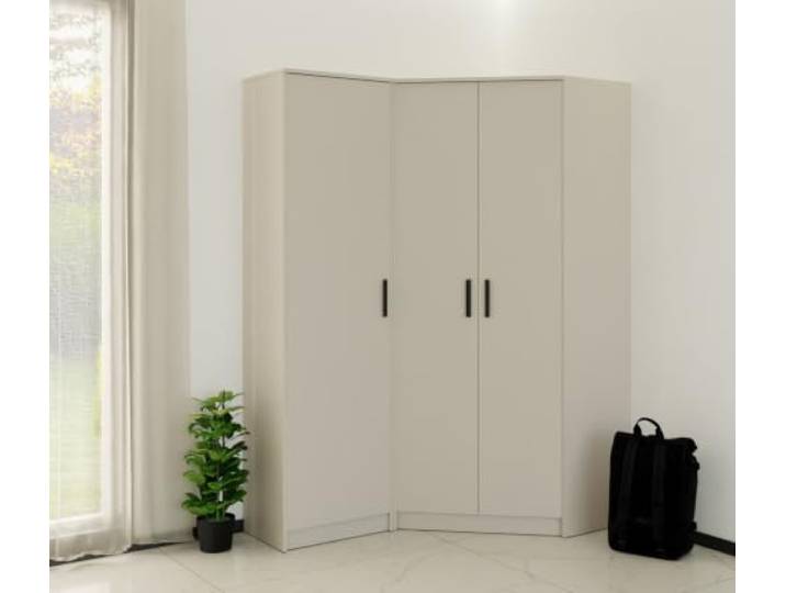 Eckkleiderschrank Set 43 – Moderner 3-türiger Eckschrank 143x195x40cm für Schlafzimmer, Ankleidezimmer & Garderobe – Soft Close - Platzsparender Kleiderschrank – Marmex Möbel graubeige Cashmere