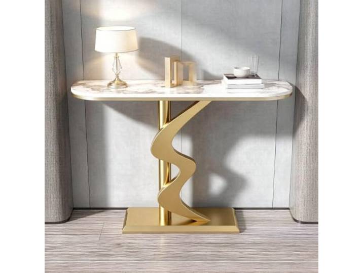 Moderner Konsolentisch,Schmaler Flurtisch mit Steinplatte und Metallgestell Hochwertige Steinplatte, Kratzfest, Stabiler Metallrahmen, Platzsparend, Modernes Design(Gold+White-gold,150cm)