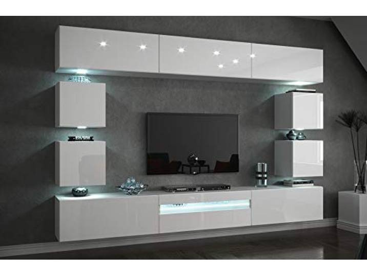FURNITECH Wohnwand: Modernes Wohnzimmer Möbel mit LED - Weißer Hängeschrank - 273 cm