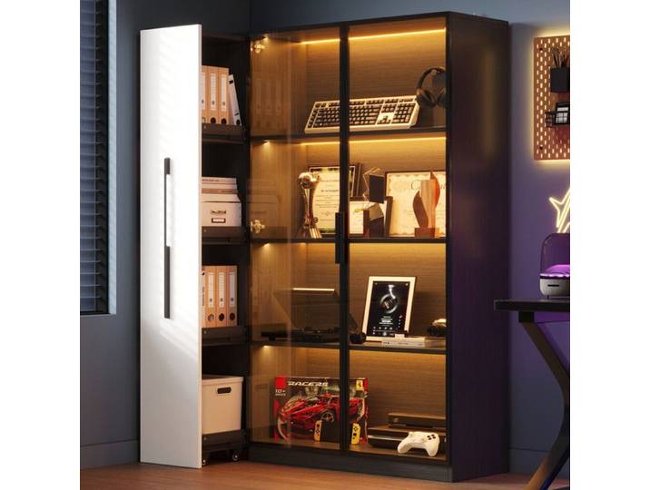 Luscriate - Vitrine en verre LED avec side-drawer verre trempé et lumière chaude 110x35x160 cm noir/blanc