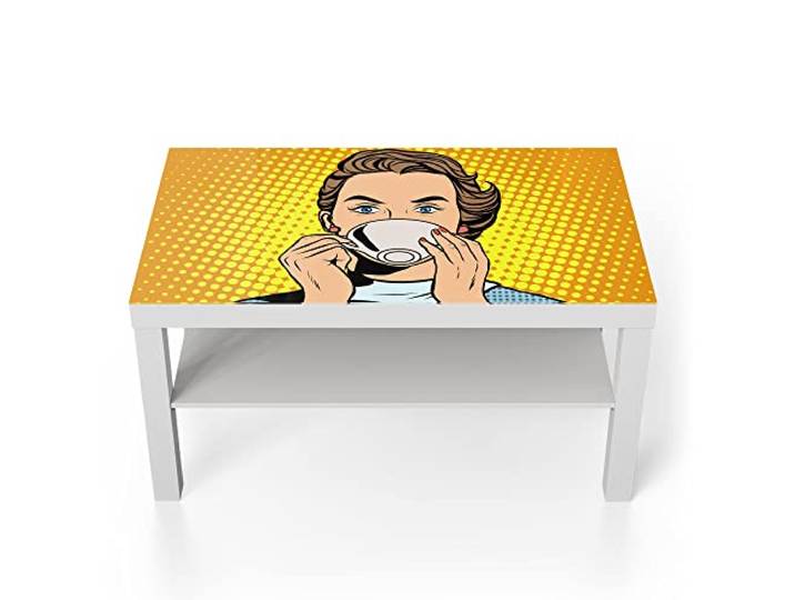 DEQORI Glastisch weiß groß 90x50 cm Motiv Frau trinkt aus Tasse ausgefallener Beistelltisch aus Glas Hochglanz Couchtisch fürs Wohnzimmer moderner Couch Tisch mit Design