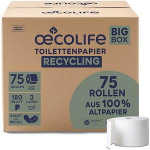 Oecolife Toilettenpapier Big Box, 3-lagig, Recyclingpapier, 180 Blatt, 75 Rollen