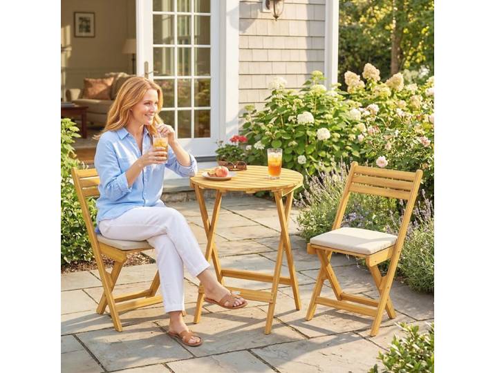 Set bistrot extérieur 2 chaises pliantes et table ronde en bois naturel