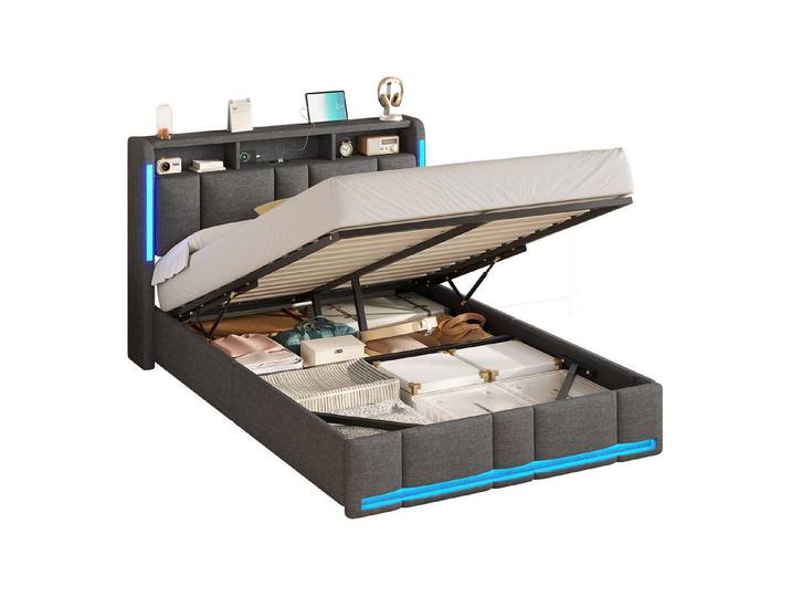 MSMASK Polsterbett mit Steckdosen & LED Beleuchtung, Stauraum und Kopfteil, 150×215 cm, Dunkelgrau, mit Stauraum & LED Beleuchtung