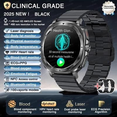 Uplifted Finds 2025 Laser Diagnostic Smartwatch   ECG+PPG Body Analysis System   Executive Uric Acid & Metabolic Wellness Tracker black Steel B 2a