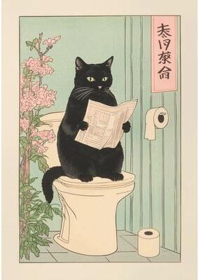 Inspire Select Japanese Tabby Cat Bathtub Canvas Wall Art Japandi Retro Aesthetic Bathroom Poster 8 11.8 16.5 In Unframed