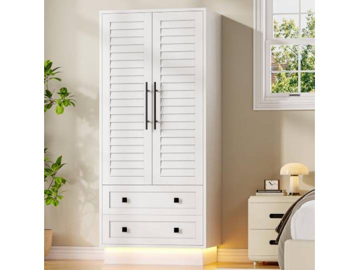 FEONASE Kleiderschrank mit 2 Türen und 2 Schubladen, LED-Beleuchtung, weiß, für Schlafzimmer, 175H x75Bx48TCM