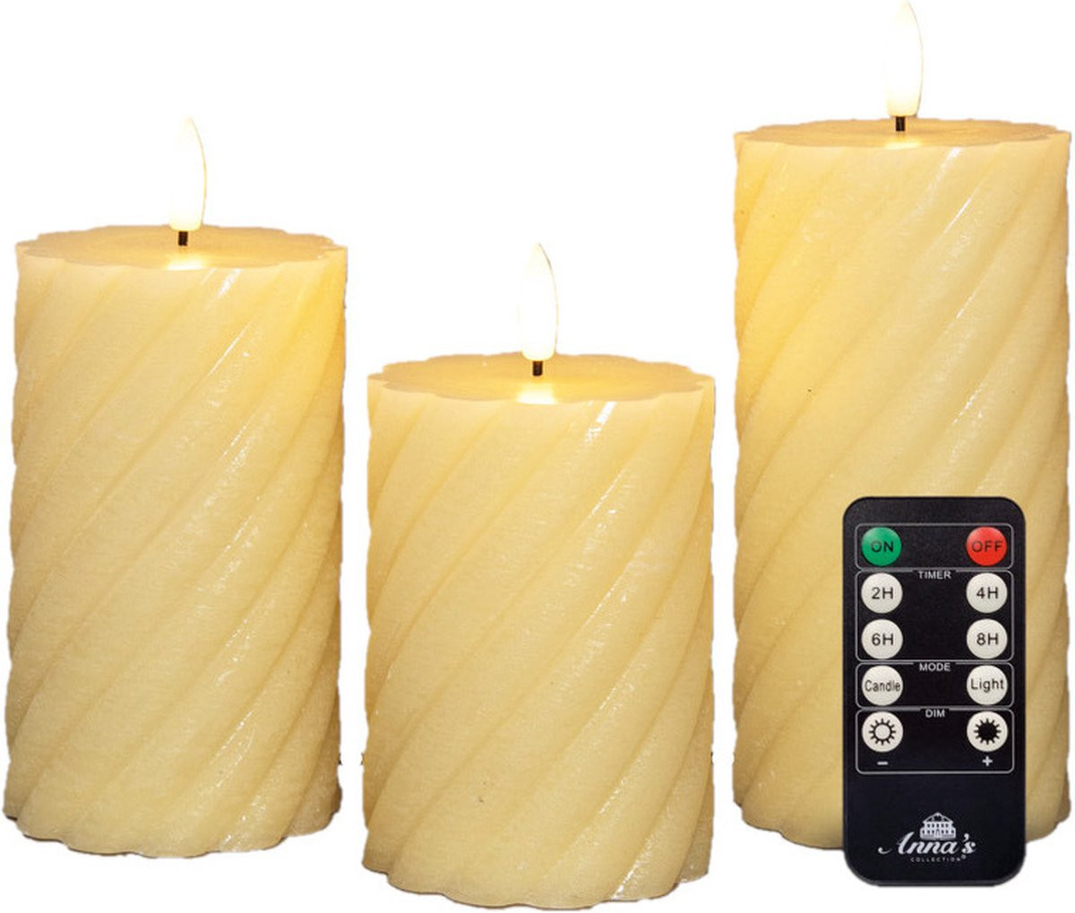 Anna Collection LED stompkaarsen set met afstandsbediening - 3 stuks - Ivoor wit - Swirl