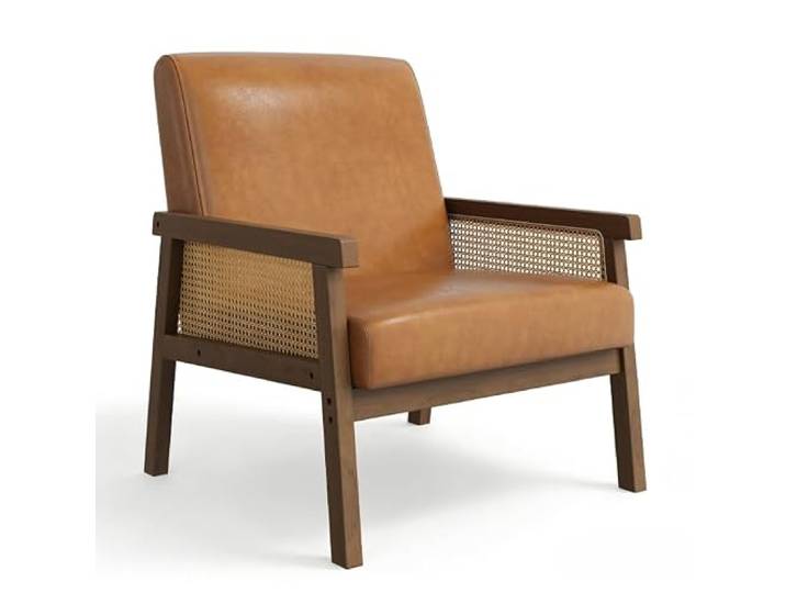 IDEALHOUSE Rattan Akzentstuhl Mit Holzrahmen – Gepolsterter Lesesessel Hohe Rückenlehne Vielseitiger Sessel für Wohnzimmer, Schlafzimmer oder Empfang