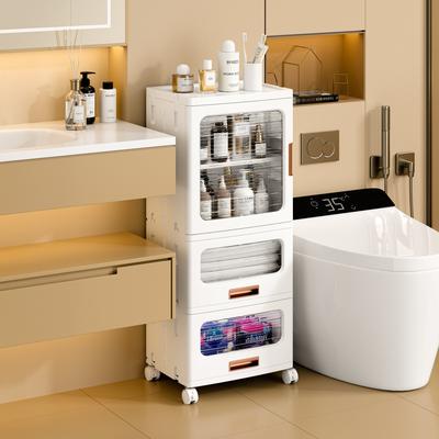 White Rolling Storage Cabinet with Transparent Doors Locking Wheels Adjustable Shelves Foldable Multi-Use Organizer for Home